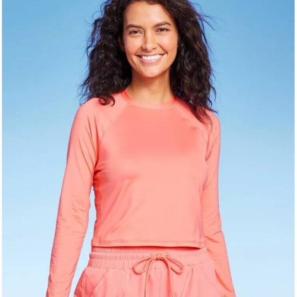 Kona Sol Size XL 16 Coral Pink Long Sleeve Cropped & Crewneck Rash Guard Shirt